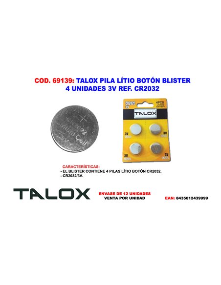 TALOX PILA LITIO BOTON BLISTER 4 UNDS 3V CR2032