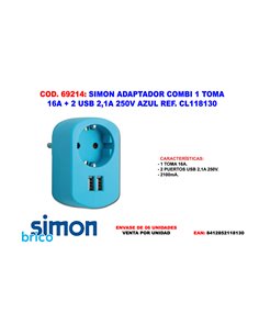 SIMON ADAPTADOR COMBI 1 TOMA 16A+2USB 2.1A 250V AZUL CL118130