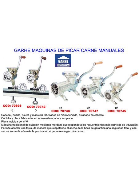 GARHE MAQUINA PICAR CARNE MANUAL N� 22  00022