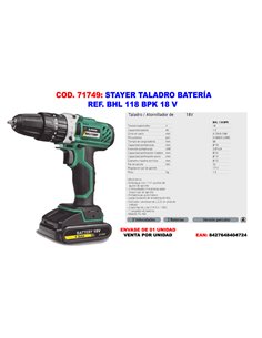 STAYER TALADRO A BATERIA REF. BHL 118 BPK 18 V