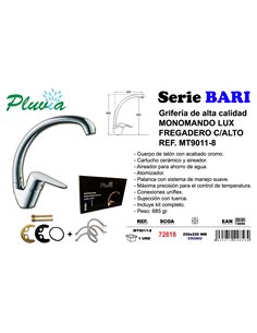 PLUVIA BARI GRIFO MONOMANDO LUX FREGADERO C/ ALTO MT9011-8