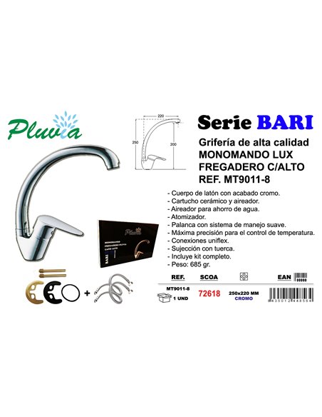 PLUVIA BARI GRIFO MONOMANDO LUX FREGADERO C/ ALTO MT9011-8