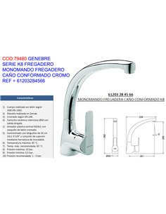GENEBRE GRIFO K8 MONOMAND FREGADERO C/CONFORMADO CR61203284566