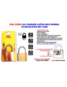 AVL CANDADO LATON FINSTOCK A/NORMAL 50 M.M. BLISTER C50B