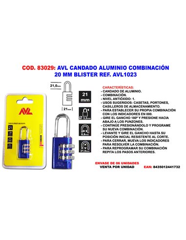 AVL CANDADO COMBINACION 20 MM BLISTER AVL1023