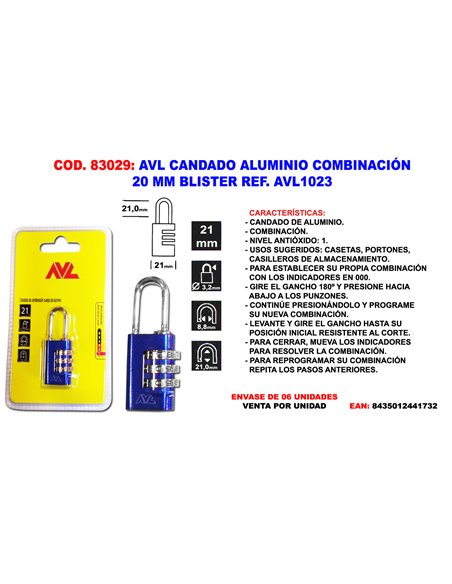 AVL CANDADO COMBINACION 20 MM BLISTER AVL1023