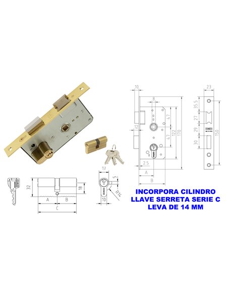MCM CERRADURA EMBUTIR MADERA 1501-2-4545 CANTO RECTO LATONADO