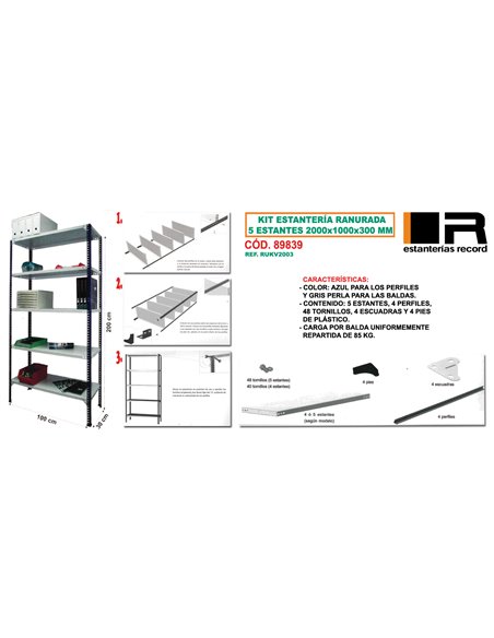 KIT ESTANTERIA RANURADA 5 ESTANTES 2000 X 1000 X 300 RUKV2003