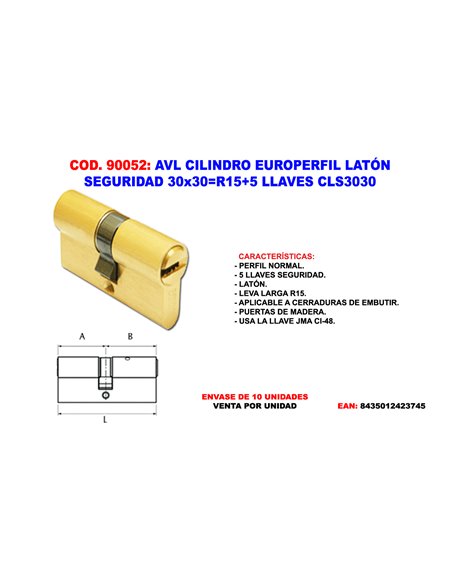 AVL CILINDRO EUROPERFIL LAT. SEGURIDAD 30x30R15+5 LLAV. CLS3030