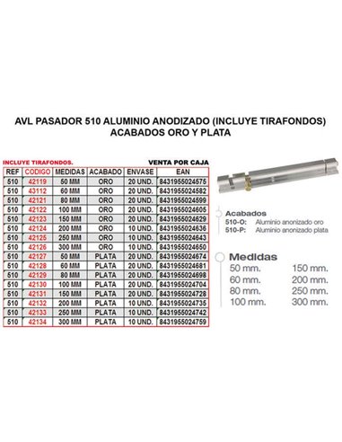 Pasador AVL 510 Aluminio 60 mm Plata
