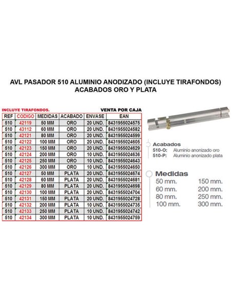 Pasador AVL 510 de Aluminio 150 mm Plata