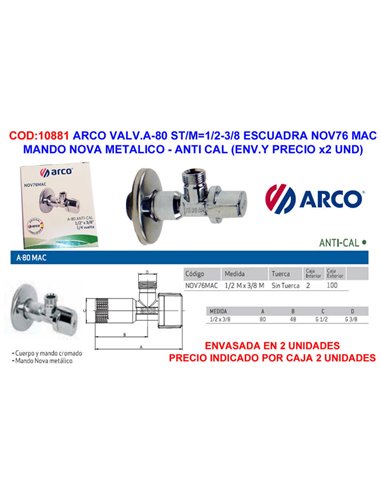 Arco Válvula Llave Escuadra A-80 1/2-3/8 M-M Nov76 Macca Caja 2U