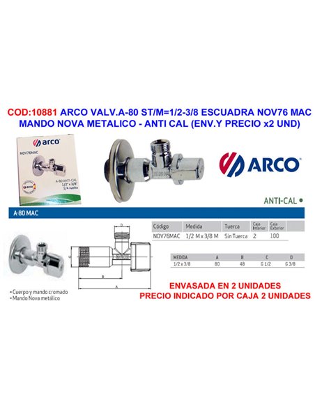 Arco Válvula Llave Escuadra A-80 1/2-3/8 M-M Nov76 Macca Caja 2U