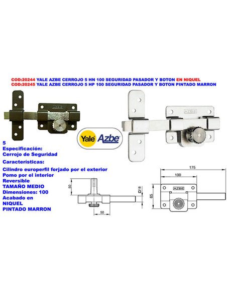 Yale Azbe 5 HN 100 deadbolt with European flush-mounted pin and button