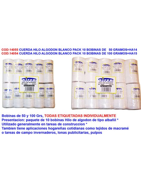 Pacote de corda de fio de algodão branco com 10 carretéis de 100 gramas
