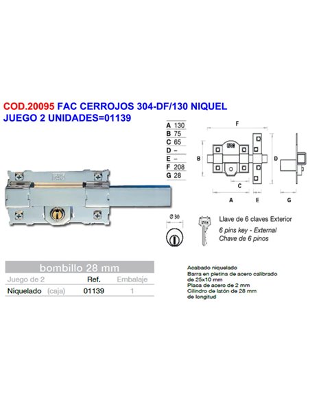 Lot de 2 unités de moraillons nickelés 304-DF/130
