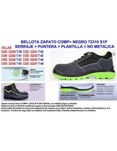 BELLOTA SHOE COMP+ 72310 SIZE 43 S1P SERRAJE SERIES WITH NON-METALLIC TOE CAP AND INSOLE