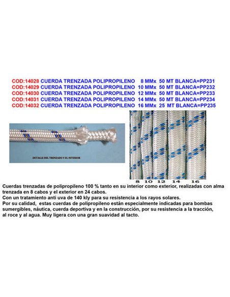 Braided polypropylene rope 8 mm x 50 m white
