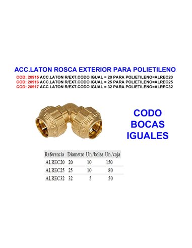 ACC.LAITON R/EXT.COUDE ÉGAL 25 POUR POLYÉTHYLÈNE AL REC 25