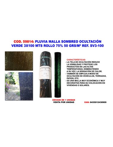 Rete Ombreggiante Antipioggia 75% Verde 50g/m2 3,00x100 m Spiegata