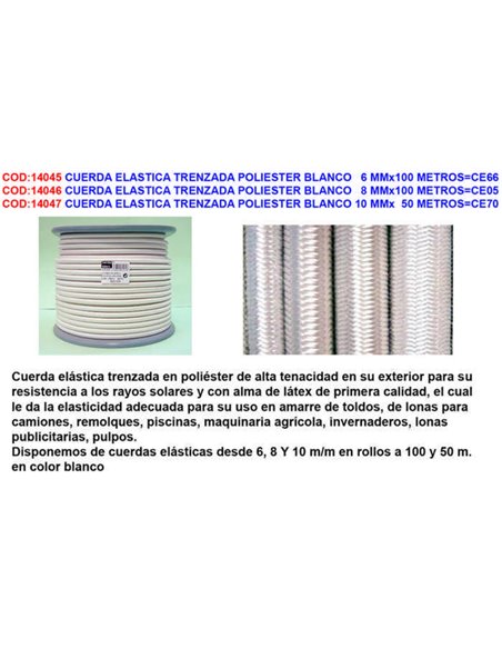 Weißes geflochtenes elastisches Polyesterseil 6 mm x 100 Meter CE66