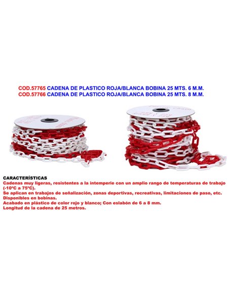 Cadena de plástico roja y blanca 25 mts 8 mm