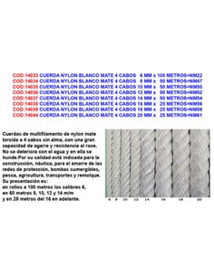 Matte white nylon rope 4 strands 10 mm x 50 meters