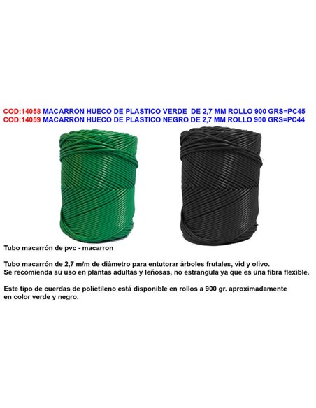 Macarrão oco plástico preto rolo 2,7 mm 900 g SPC44