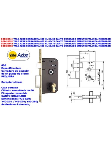 Fechadura YALE AZBE 600 HL 45x70 C/Alavanca de encaixe quadrada + trava