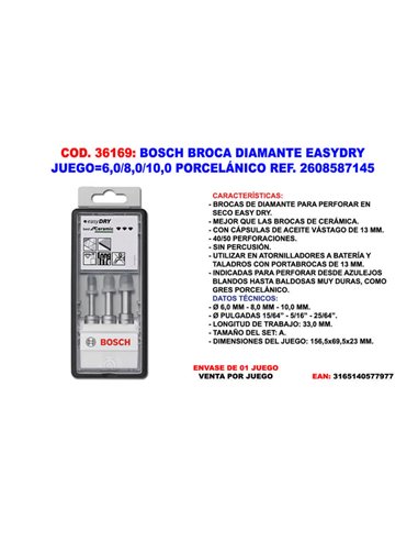 Juego de Brocas de Diamante EasyDry Bosch 6, 8, 10 x 33 mm Porcelana 2608587145