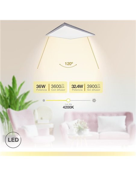Panel LED de superficie "Kisongo" (36W 4200K 3900lm) IP20 900x300x38mm fabricado en poliestireno y aluminio color níquel