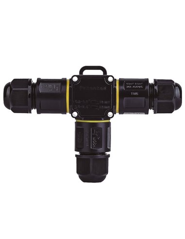 Conector estanco con regleta tipo T 0,5-2,5mm (Nivel de inflamabilidad V2 450V) IP68 128,3x84,4mm fabricado en nylon PA66 color 