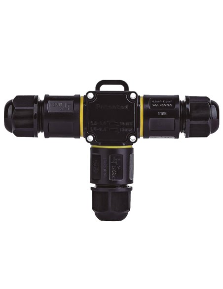 Conector estanco con regleta tipo T 0,5-2,5mm (Nivel de inflamabilidad V2 450V) IP68 128,3x84,4mm fabricado en nylon PA66 color 