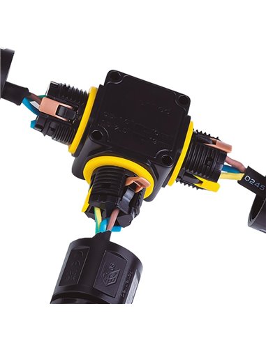 Conector estanco con regleta tipo T 0,5-2,5mm (Nivel de inflamabilidad V2 450V) IP68 128,3x84,4mm fabricado en nylon PA66 color 