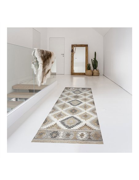 CROMA COLLECTION Alfombra con estampado de tipo kilim con acolchado de espuma 60x200cm color gris beige y marrón