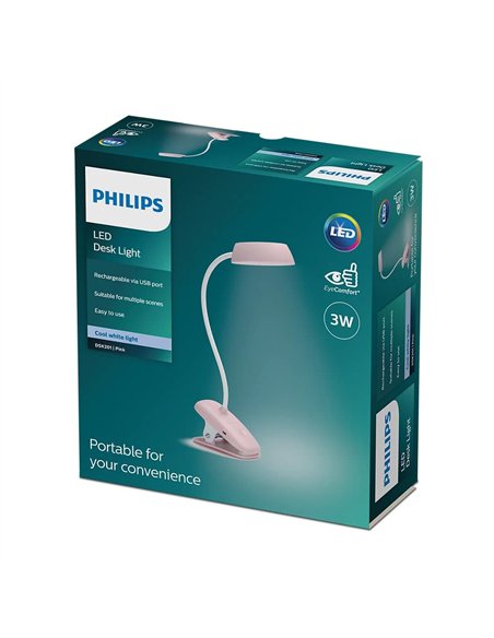 PHILIPS Flexo LED recargable con pinza de sujeción (3W 4000K 175lm) IP20 380x99x290mm color rosa