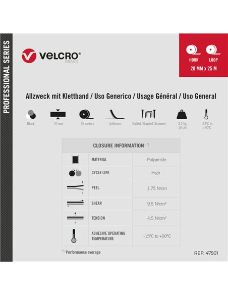 VELCRO® Cinta de gancho y bucle adhesiva para uso general 20mm x 25m color negro