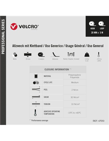 VELCRO® Cinta adhesiva extrafina de cierre 20mm x 5m color blanco