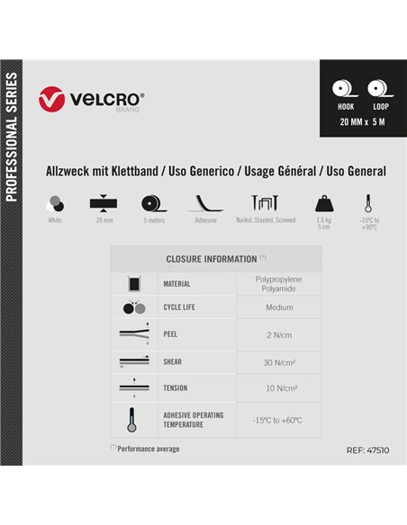VELCRO® Cinta adhesiva extrafina de cierre 20mm x 5m color blanco