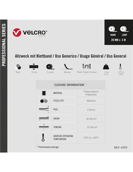VELCRO® Cinta adhesiva extrafina de cierre 20mm x 5m color negro