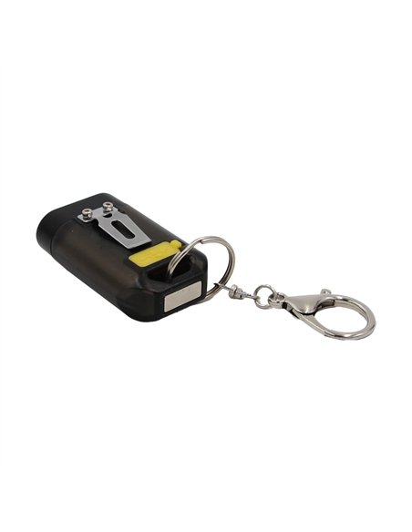 Linterna llavero LED recargable con distintas funciones IP42 58,5x35x20mm fabricada en plástico y aluminio color negro (incluye 