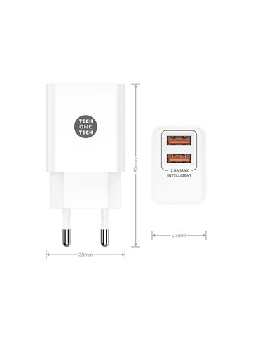TECH ONE TECH Cargador rápido doble con salidas USB 2,4A inteligentes + cable micro USB 37x24x77mm color blanco