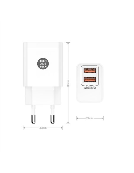 TECH ONE TECH Cargador rápido doble con salidas USB 2,4A inteligentes + cable micro USB 37x24x77mm color blanco