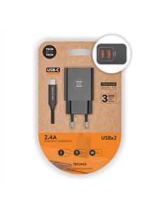 TECH ONE TECH Cargador rápido doble con salidas USB 2,4A inteligentes + cable USB C 37x24x77mm color negro