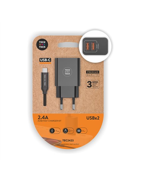 TECH ONE TECH Cargador rápido doble con salidas USB 2,4A inteligentes + cable USB C 37x24x77mm color negro