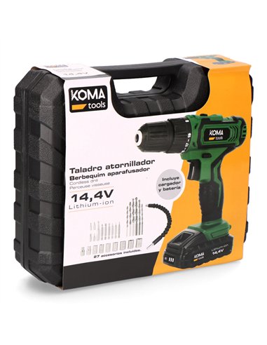 KOMA TOOLS Taladro atornillador 14,4V hasta 700 RPM con diferentes modos y luz de trabajo (maletín y accesorios incluidos)