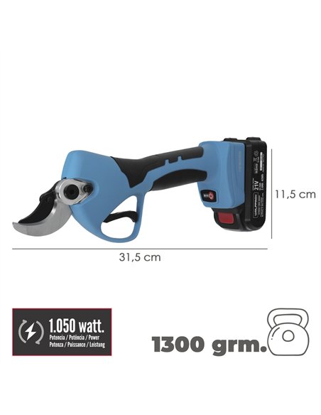 Tijeras Podar A Bateria 21 Volt. Con 2 Baterias 2 A/h Mango Engomado, Ø Corte 40 mm.Con Maletín