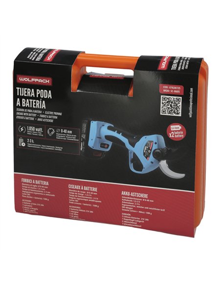 Tijeras Podar A Bateria 21 Volt. Con 2 Baterias 2 A/h Mango Engomado, Ø Corte 40 mm.Con Maletín
