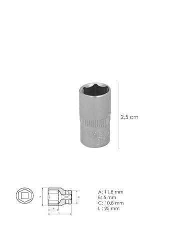 Llave Vaso 1/4" Hexagonal 8 mm. Perfil de 6 caras. Acero Cromo Vanadio, Aristas Redondas
