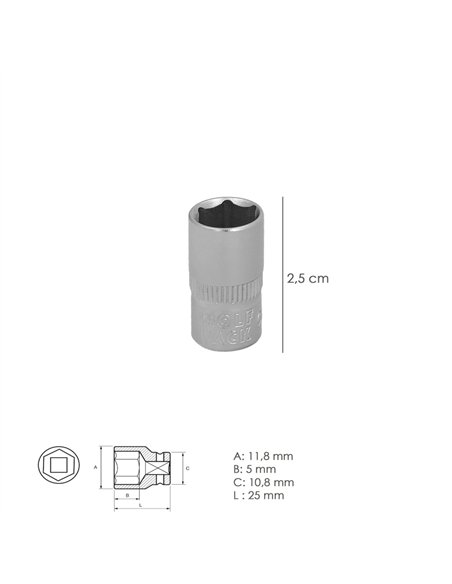 Llave Vaso 1/4" Hexagonal 8 mm. Perfil de 6 caras. Acero Cromo Vanadio, Aristas Redondas